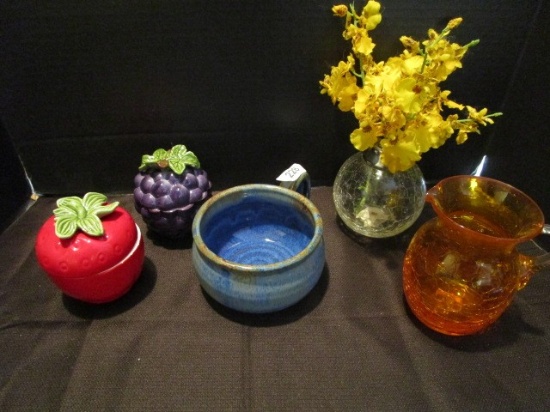 Misc. Lot - Strawberry/Grape Trinket Dishes, Amber Crackle Glass Pitcher