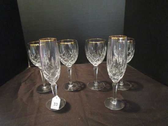Gorham Lot - 2 Champaign Flutes, 4 Wine Glasses Gilted Rim, Diamond Cut Glass