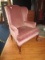Pink/Rose Upholstered Arm Chair Wing Back, Curved Bun Feet
