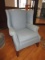 Blue Patterned Diamond Upholstered Arm Chair Wing Back Grooved Tapered Feet