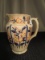 Gilted/Crazed Pitcher w/ Blue/Red Floral Patterns, Curled Handle