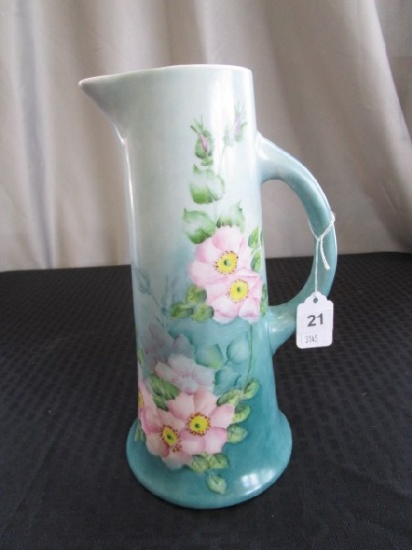 Ceramic Pitcher Pink Floral Blue Motif