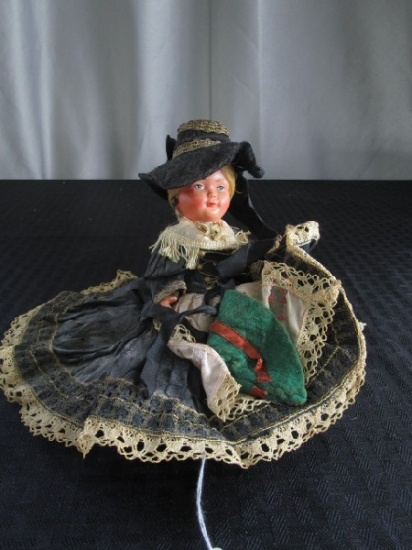 Vintage Plastic Doll w/ Black Dress Lace Trim