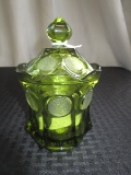 Vintage Green Fostoria 2 Coin Covered Candy Jar 1887 Solider Eagle/Liberty Torch Pattern