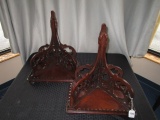 Ornate Curled Design Wooden Pair Wall Sconces Pierced/Toothed Trim/Top