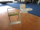 Vintage Metal Child's Chair w/ Metal Tray Upholstered