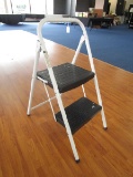 Pair - 2 Step White Metal Step Ladder, Metal w/ Floral Top Ladder Back