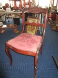 Cherry Wood Veneer Dining Chair Rose Finial Top Ladder Back, Floral Upholstered Seat