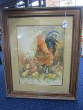 Rooster/Hen w/ Chicks Lithograph in Ornate Wood Frames 