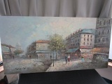 Paris Street Scene Hand Painted Oil on Canvas Signed Barnett on Wood Frame Back