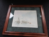 Dock Scene Print Artist Signed DeGorke in Dark Wood Frame/Matt