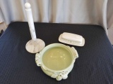 Green Bowl, Marble Paper Towel Holder, and Garden Bouquet Butter Dish