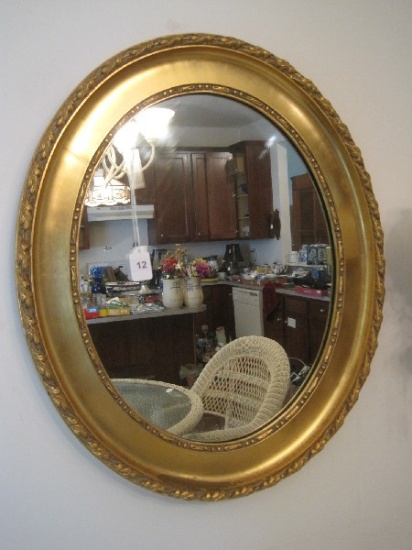 French Inspired Oval Foliate/Beaded Trim Decorative Wall Mirror Antiqued Gilted Patina
