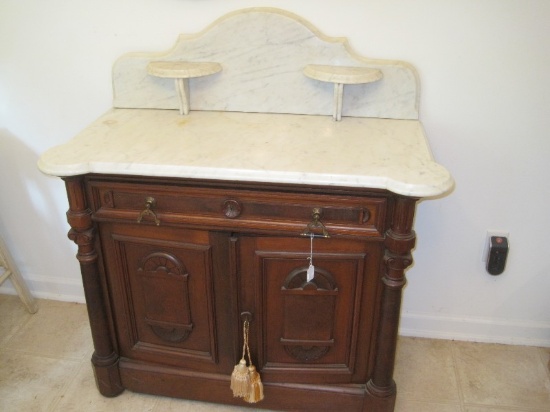 Victorian Walnut 1-Over-2 Marble Top Wash Stand w/ Double Candle Stands, Dovetail Drawer