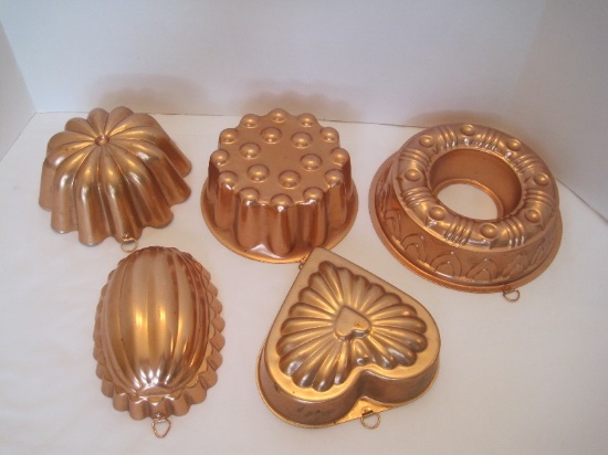 5 Copper Gelatin Molds Various Designs