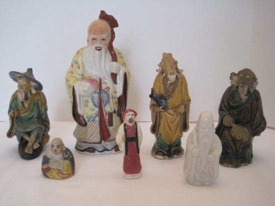 Lot - 3 Elderly Mudmen, Miniature Buddha & Other Figurines