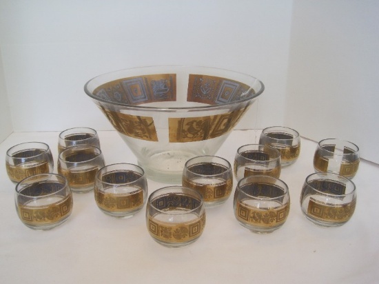 Retro Gilded Band Floral/Fruit Pattern Punch Bowl w/ 12 Cups