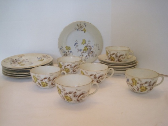 17 Pieces - Wild Flower Pattern China 6 Cups, 5 Saucers, & 6 Bread/Desert 7 1/8" Plates