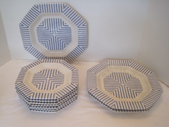 10 Pieces - Independence Ironstone Dinnerware Interpace Blue/White Seer Sucker Pattern