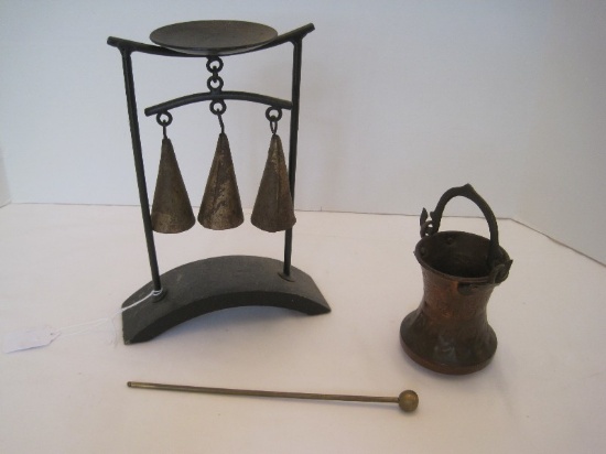 Black Wrought Base Stand w/ 3 Cone Shape Bells, Small Handle Copper Pot