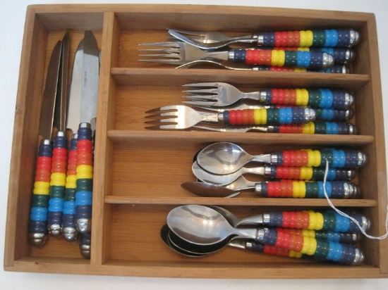 25 Pieces - Stainless Steel Flatware Multi-Colored Band Pattern Handles