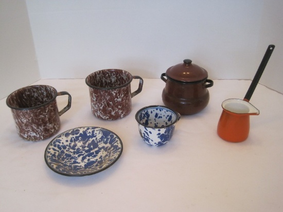 5 Pieces - Enamelware Mugs, Cup/Saucer & Covered Small Pot