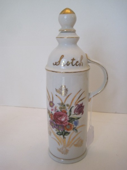 Scotch Porcelain Handled Decanter Bottle w/ Floral Spray/Gilt Trim