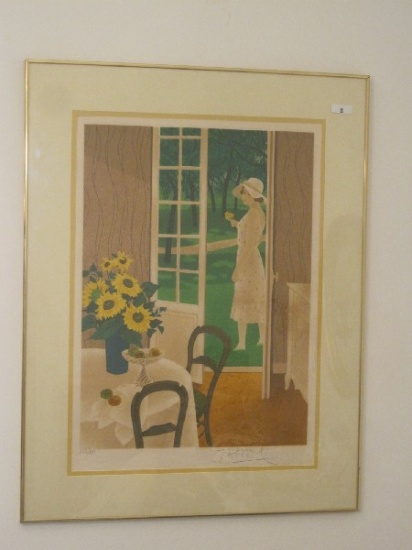 Summer Days Woman Standing on Lawn French Doors Open, Artist Signed