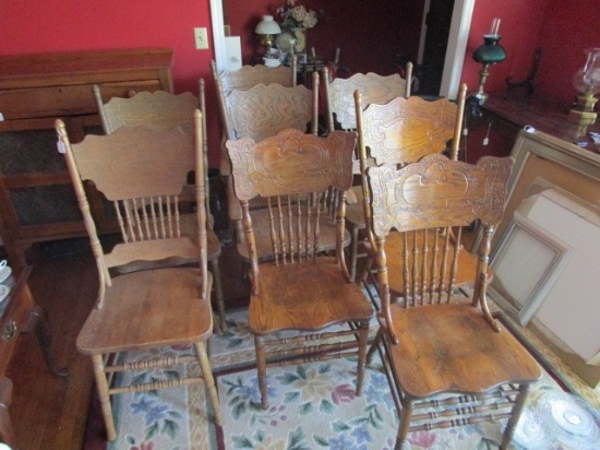 Wooden Chairs 8 Spindle Legs/Arms/Back, Ornate Curved/Shield Back
