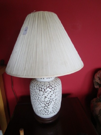 White Ceramic Lattice/Tree Design Urn Body Lamp w/ Cream Shade, Wooden Base