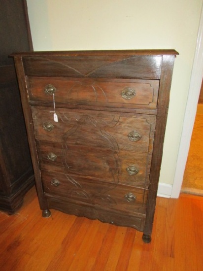 Wooden Vintage 4 Drawer Dresser w/ Ornate Curled Motif Wave Base Skirt