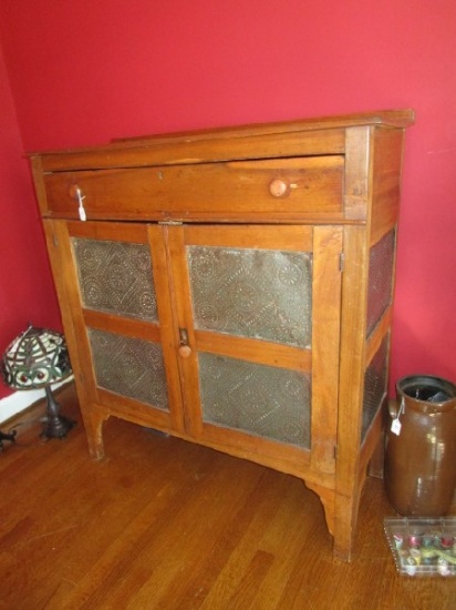 Vintage Wooden Cabinet 1 Drawer Over 2 Hutch Doors w/ Ornate Pierced Metal Panels