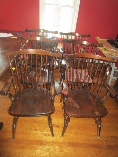 6 Ethan Allen Dark Wooden Spindle Back Chairs Spindle Curled Arms/Top