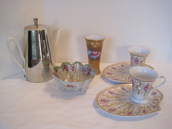 Lot - 2 Sorelle Fine Porcelain Floral Pattern Cup/Snack Plate, Floral Swag Bud Vase 6"