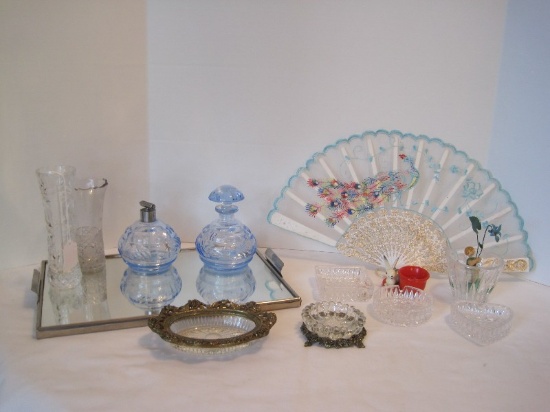 Lot - Mirrored Dresser Tray, Azure Perfume/Scent Bottles, Flower Design Pin Dish