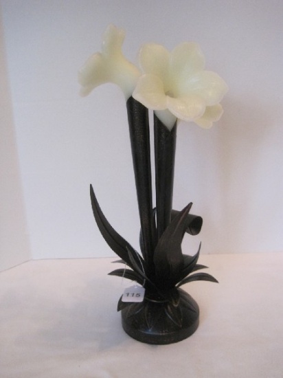 Tin Base Antiqued Bronze Patina Foliage w/ 3 Lighted Wax Lilies