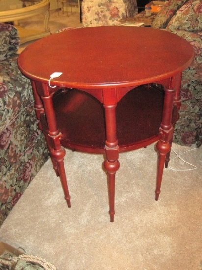 Cherry Finish Round End Table w/ Base Shelf Arched Trim on Sheraton Style Tapered Legs