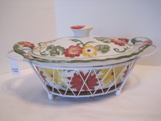 Temp-Tations Floral Embroidery Hand Painted Casserole Ovenware w/ Ceramic Lid