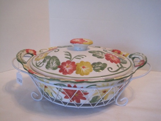 Temp-Tations Floral Embroidery Hand Painted Casserole Ovenware w/ Ceramic Lid