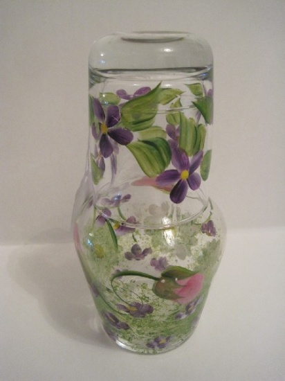 Hand Crafted Glass Tumble Up Bedside Set Hand Painted Wildflowers Design Base Signed