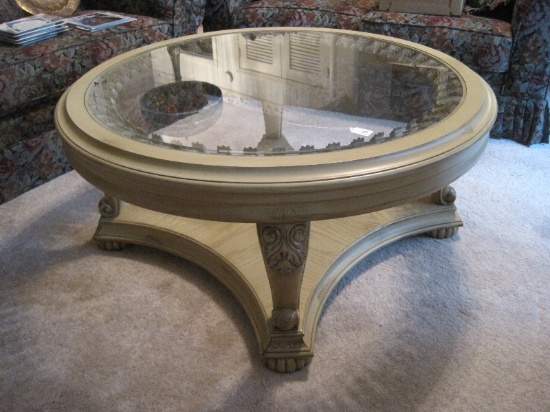 Classic Antiqued Patina Round Cocktail Table w/ Beveled Glass Insert, Gilted Acanthus Leaves