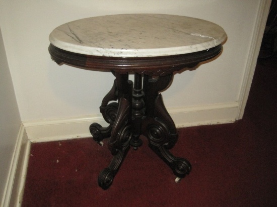 Walnut Victorian Parlor Center w/ Marble Top, Traditional Design, Drop Finial on Casters