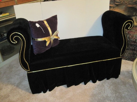 Chic Elegant Black Crushed Velvet Upholstered Bench w/ Rolled Arms, Pleated Skirt