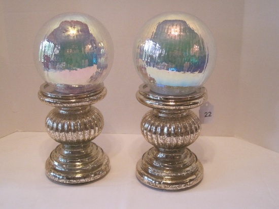 Pair - Mercury Glass Spheres on Pillar Bases Antiqued Patina