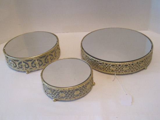 Set - 3 Mirrored Round Plateau on Intricate Medallion Design Gallery Gilted Footed Base