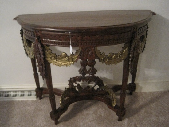 Elaborately Carved Demilune Console Gilted Floral/Foliate Swag w/ Applied Accent