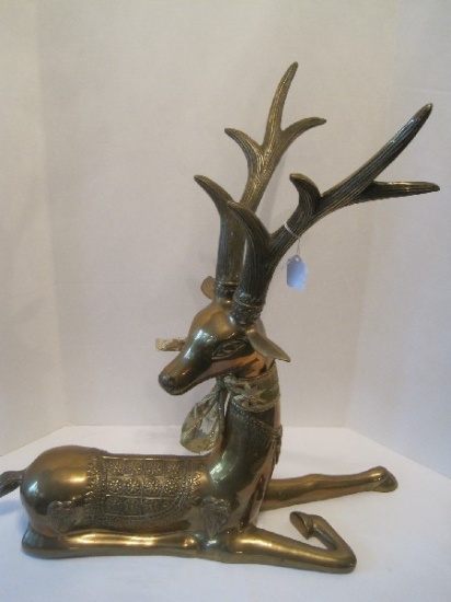 Large Brass Deer w/ Antlers Statue w/ Relief Design