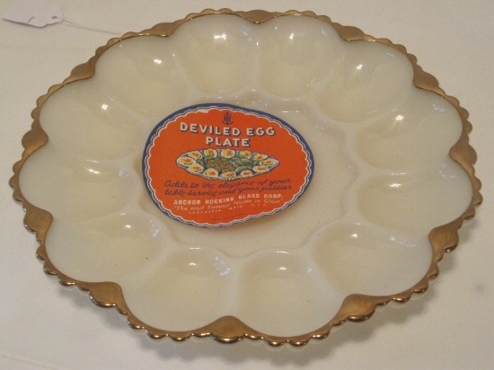 Rare Find Anchor Hocking Glass Corp. Milk Glass Deviled Egg Plate w/ Gilded Trim