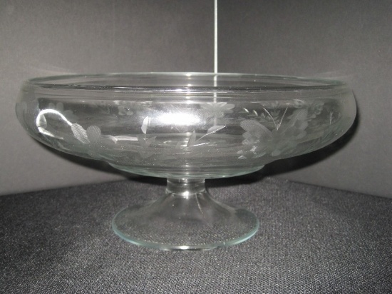 Pressed Glass Footed Console Lily Pond Bowl w/ Etched Butterflies, Flowers