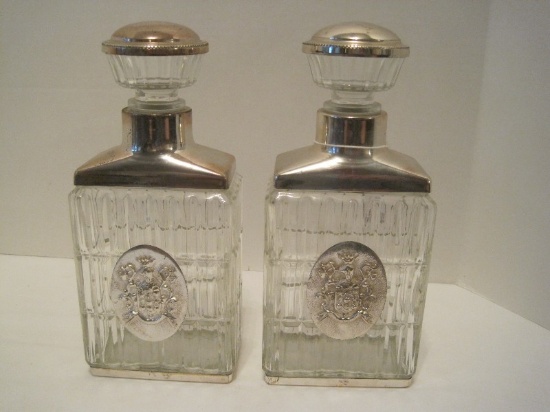 Pair - Hand Made Peedee Crystal Decanters w/ Silverplated Base, Stopper